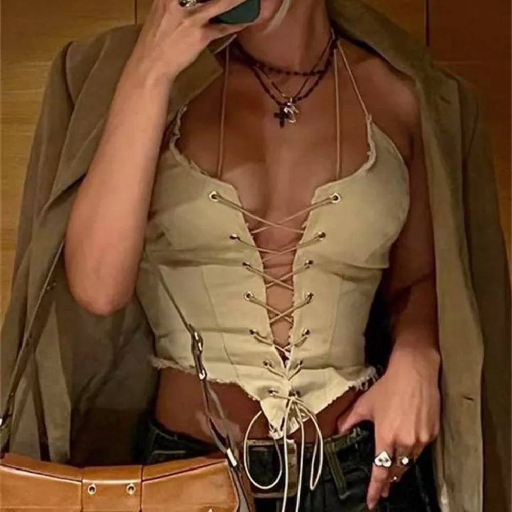 Bella Barnett Lace up beige corset top